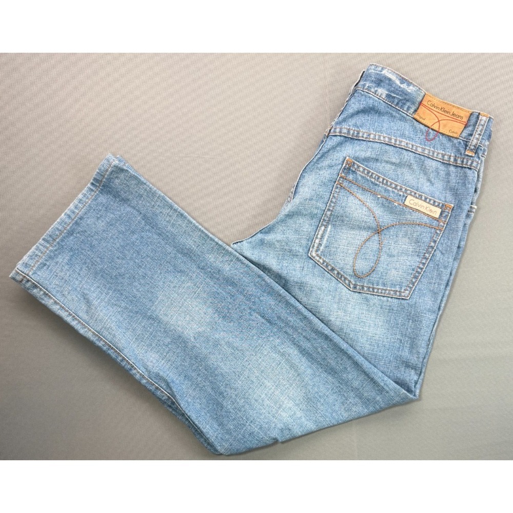 Retro Calvin Klein Jeans Mens 32x34 Light Wash Straight Distressed Rigid Denim